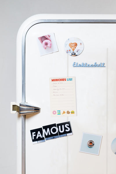 Lightly Toasted 'Munchies List' Magnetic Notepad on a refrigerator